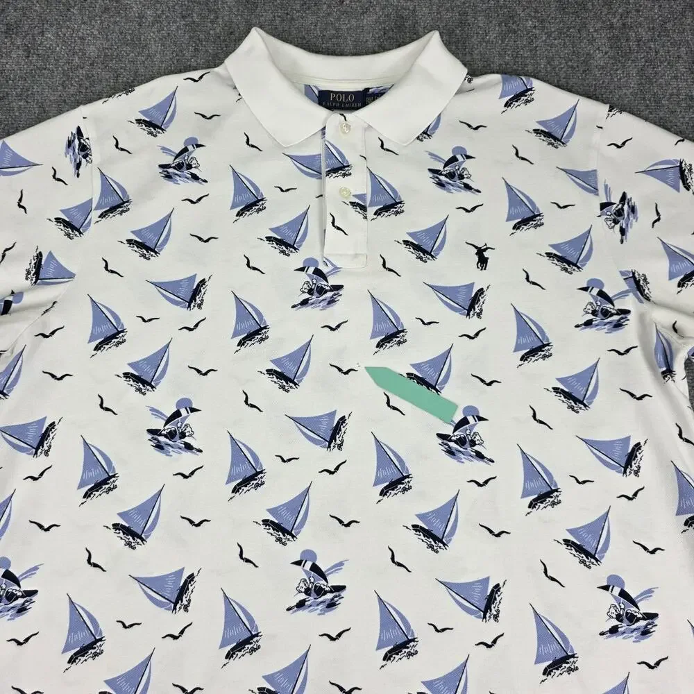 Polo Ralph Lauren Shirt Mens 2XLT White Sailboat Polo Bear AOP Mesh Nautical